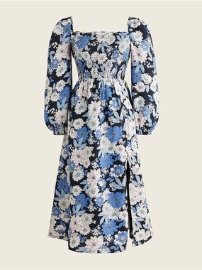 J. Crew Smocked Square-Neck Floral Midi Dress Puff Sleeves